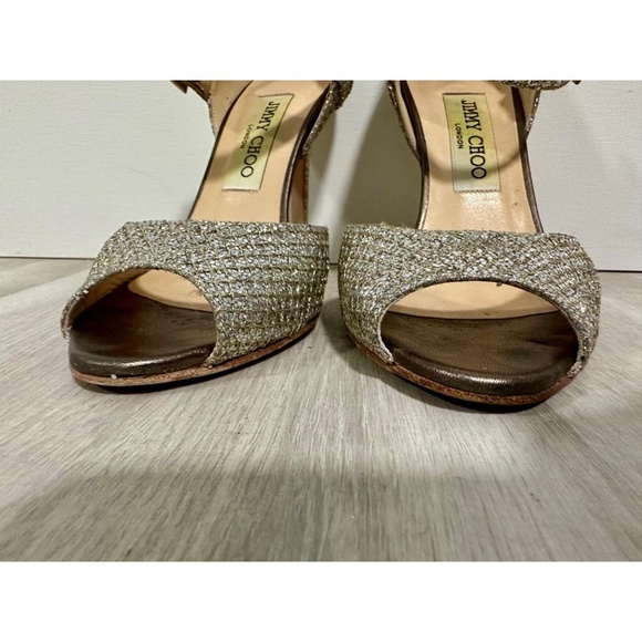 Jimmy Choo Womens 35.5 Gold Coarse Glitter Peep Toe Ankle Strap Heels - Picture 3 of 15